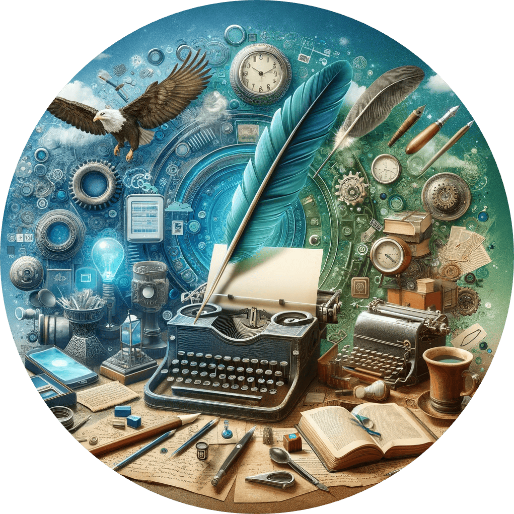 Illustration showcasing the innovative content creation approach of Vital Growth Digital Marketing. The image blends traditional writing tools like a quill and typewriter with modern digital devices like a computer and tablet. This seamless merge symbolizes the harmonious integration of classic storytelling techniques with contemporary digital methods, set against a background featuring the brand's blue and green colors. The visual narrative conveys a theme of bridging past and future, highlighting Vital Growth's expertise in combining age-old narrative art with advanced digital strategies.