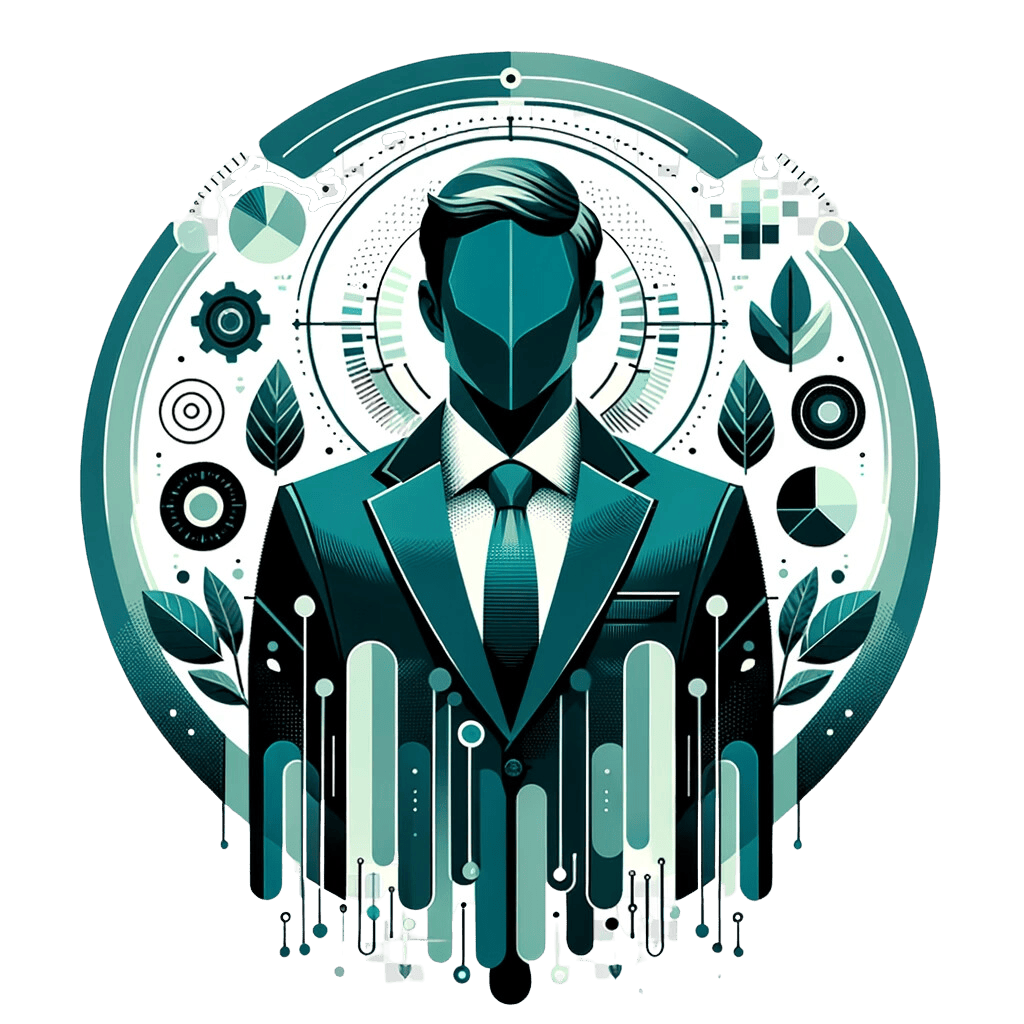 Contact vital growth digital marketing agency: abstract figure in teal suit with tablet, amidst tech and nature icons, symbolizing connectivity, on a clear backdrop.