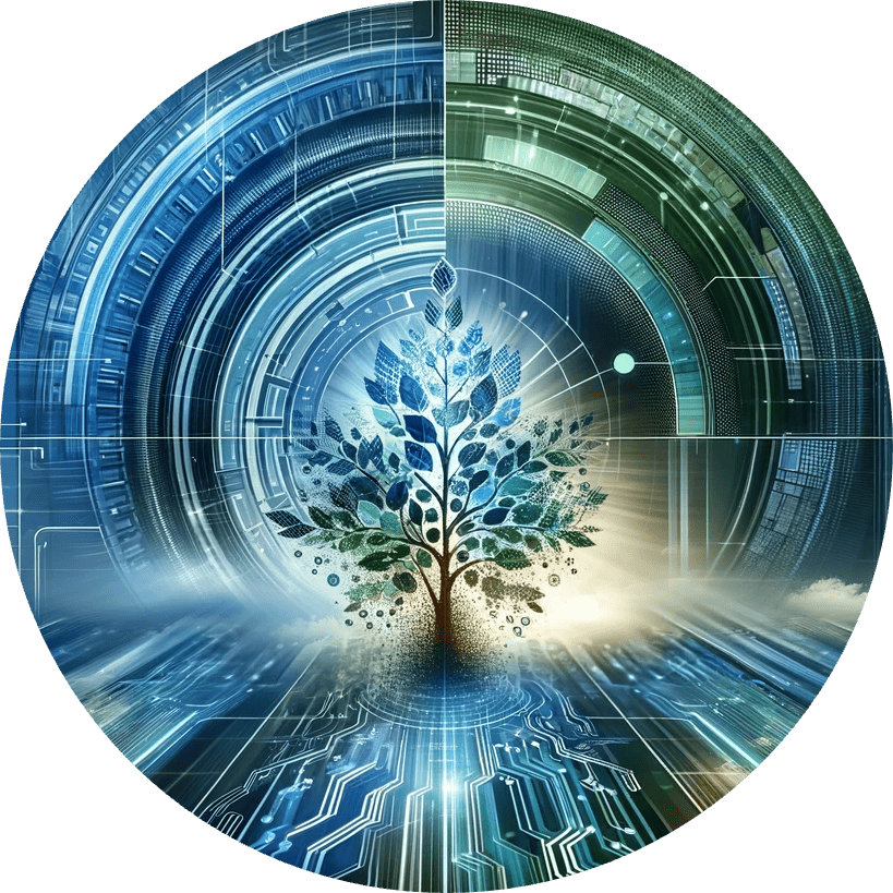 Abstract image depicting the dynamic synergy of content creation services at Vital Growth Digital Marketing, featuring motifs like a flourishing tree and rising graphs interwoven with digital patterns, in a sleek blue and green color scheme, symbolizing professional innovation and strategic digital growth