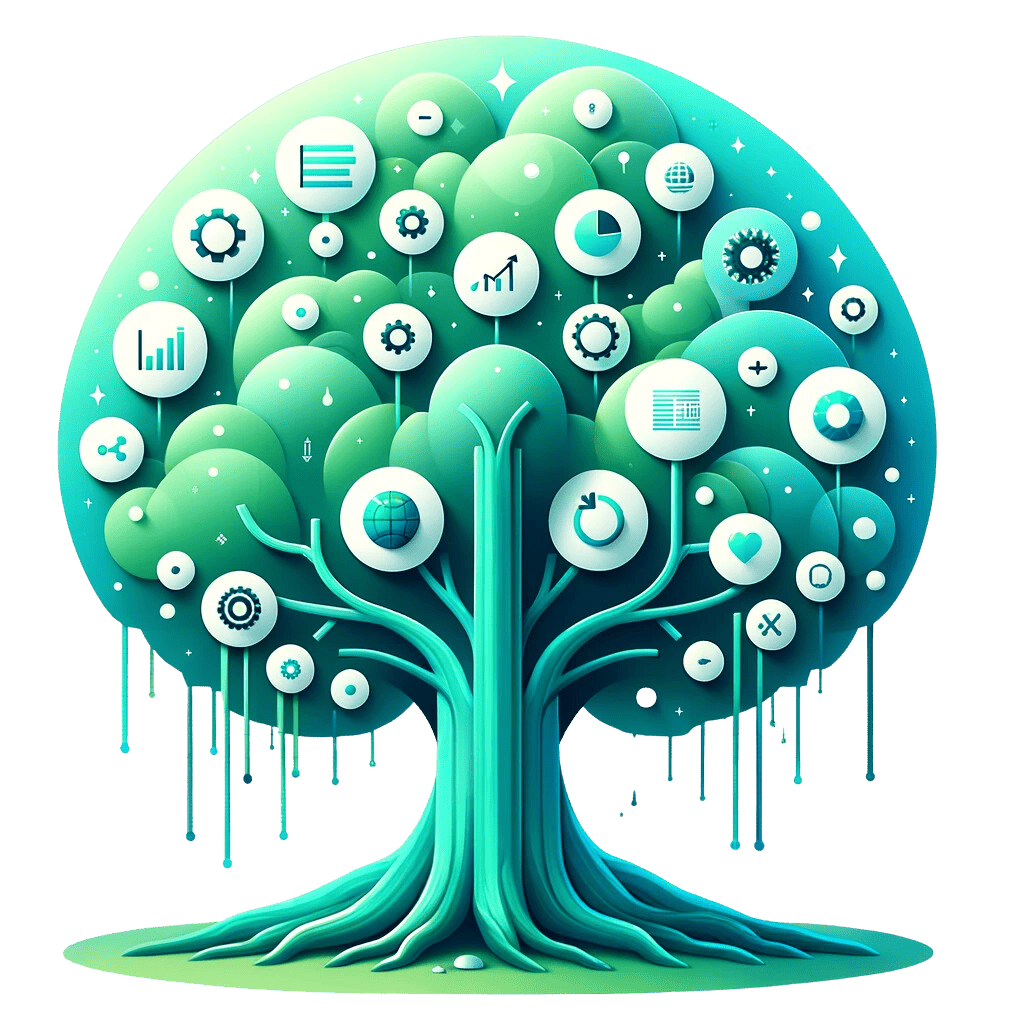 Digital art of a tree symbolizing data analytics for a digital marketing agency, with a teal to aqua gradient trunk and branches, fifty round green leaves with data icons, on a transparent background, representing technological growth and a strong data foundation.