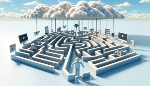 This image features a 3D maze under a cloud-covered sky, with an individual at the entrance poised to navigate through it. The walls of the maze are adorned with symbols representing various digital marketing tools and channels, such as social media icons, email, video, and mobile devices, signifying the complex journey of digital marketing strategy and execution. The maze metaphorically represents the challenges of multi-channel marketing and the strategic planning required to navigate the digital landscape, which Salesforce Marketing Cloud aims to simplify.