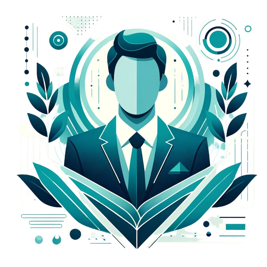 Abstract illustration of a faceless professional in a business suit who needs digital marketing services, encapsulated within a circular frame, surrounded by geometric and organic motifs representing growth and innovation in a cool-toned teal color palette.