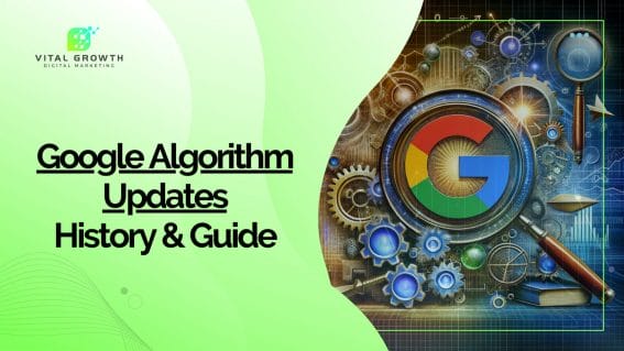 Collage visualizing the dynamic nature of Google Search Algorithm updates, featuring the Google logo, SEO icons, and digital transformation elements.