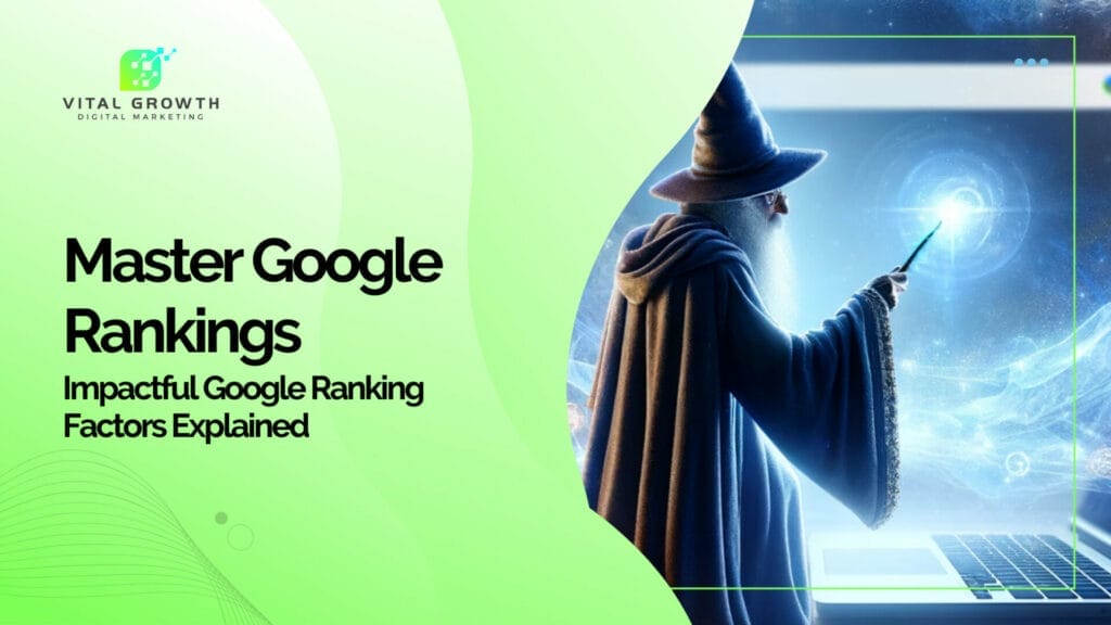 Image of a digital wizard casting an SEO spell over a laptop showing a Google search page, with keywords, mobile optimization icons, and backlink symbols emerging from the wand helping with google ranking factors.
