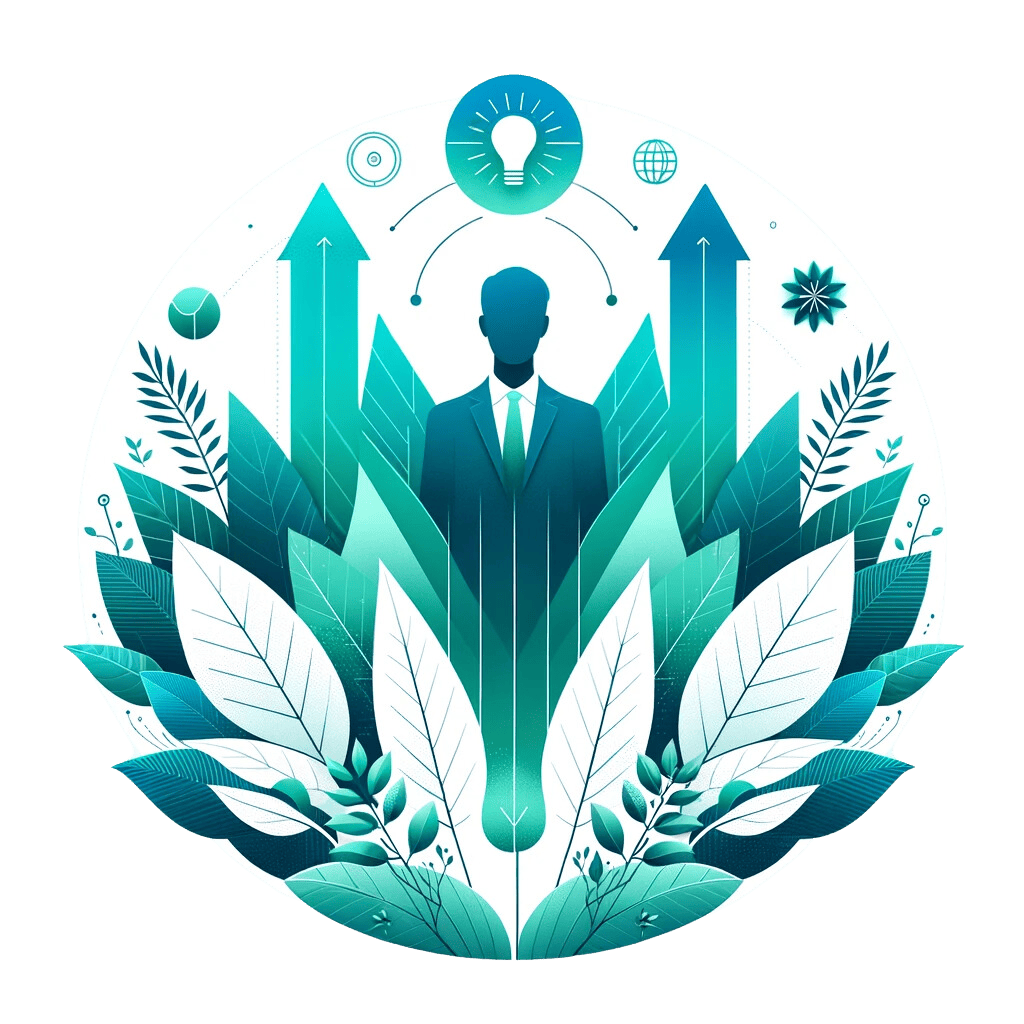 Illustration of a visionary leader with a teal to aqua gradient, surrounded by minimalist tropical leaves and upward-pointing arrows, symbolizing the seamless integration of organic growth and technological innovation in digital marketing strategies