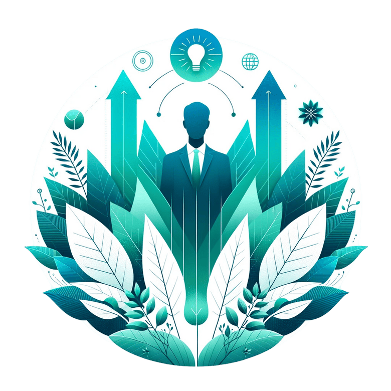Illustration of a visionary leader with a teal to aqua gradient, surrounded by minimalist tropical leaves and upward-pointing arrows, symbolizing the seamless integration of organic growth and technological innovation in digital marketing strategies