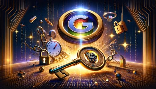 Illustration featuring a golden key with SEO symbols like a magnifying glass, stopwatch, padlock, and interlinked chains against a digital binary code landscape, with a prominent Google logo overhead, symbolizing the key strategies for mastering Google rankings and boosting website visibility.
