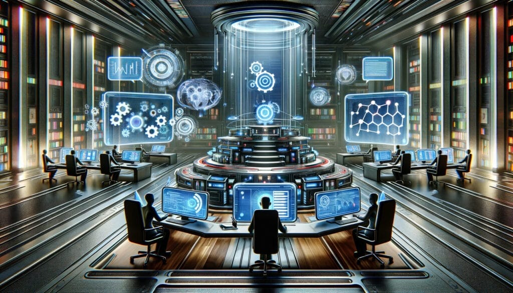 Dynamic illustration of a futuristic command center, dedicated to advanced SEO strategies. The scene features operators at high-tech workstations, with screens displaying aspects of SEO like query analysis, rich snippets, and advanced retrieval techniques, embodying a sophisticated, innovative approach to mastering SEO tactics.