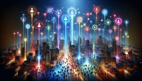 A vibrant illustration of a cityscape at dusk, with beams of light soaring upwards from the buildings, converging into various social media and communication icons above. This symbolizes a bustling digital marketing environment where businesses connect with customers through multiple online platforms, reflecting the integration of urban life with digital customer engagement strategies as discussed in the Salesforce Marketing Cloud article.