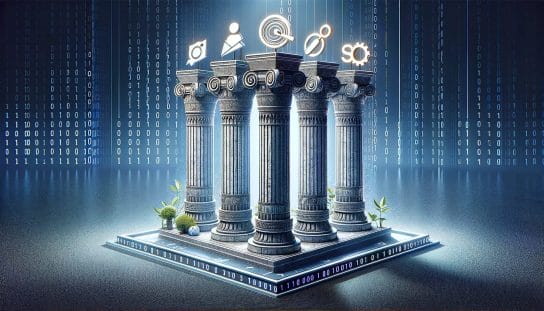 Graphic illustration of four symbolic pillars representing essential aspects of on-page SEO: 'Meta Titles', 'Keywords', 'Intuitive Navigation', and 'Content Quality'. Each pillar is intricately designed with corresponding symbols, such as a title tag, magnifying glass, compass, and pen and paper, all standing on a digital platform with binary code patterns, set against a webpage-like interface background, highlighting their fundamental importance in on-page search engine optimization.