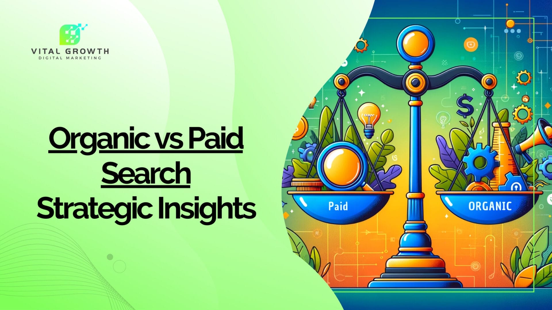 Illustration of a balance scale depicting Organic vs Paid Search, with paid search symbols like a magnifying glass and plant on one side, and organic search icons such as coins and a megaphone on the other, symbolizing the equilibrium between the two strategies in digital marketing.