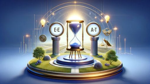 Graphic depiction of the E-E-A-T concept in SEO, showcasing symbolic elements: an hourglass for Experience, a light bulb for Expertise, a podium for Authoritativeness, and a shield for Trustworthiness. These elements are interconnected within a digital landscape, illustrating their collective role in enhancing search rankings, building user trust, and ensuring content quality and credibility, particularly crucial for YMYL topics.