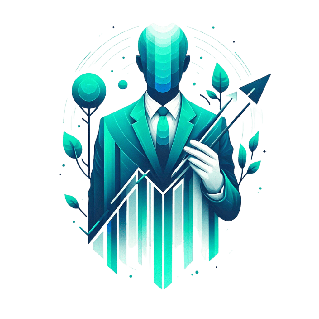 Creative 'Our Vision' graphic for a digital marketing agency, featuring an abstract figure dressed in teal to aqua, representing innovative leadership. A robust tree and upward arrow symbols illustrate steadfast growth and upward momentum against a bright white background, encapsulating the agency's commitment to strategic expansion and shaping the future of digital marketing.