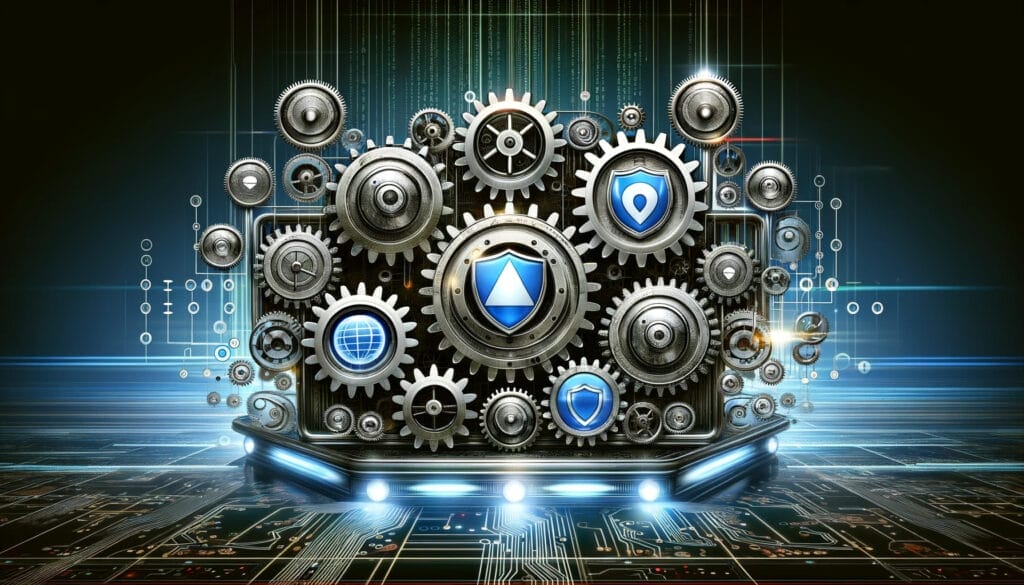 mage showcasing the complexities of technical SEO through a large, intricate machine with gears and cogs, each gear representing crucial elements like mobile optimization, website security, and fast page load times. The background features a digital landscape with circuit patterns and binary code, depicting the technical aspects of SEO in a high-tech control room environment.