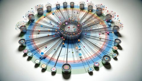 This image depicts a conceptual model of a salesforce marketing cloud ecosystem, showcasing a central hub surrounded by various interconnected channels represented by colorful, circular nodes. Each node symbolizes a different digital marketing component such as email, social media, or mobile platforms. Lines connect the nodes to the central hub, illustrating the flow and integration of data and marketing efforts to create a unified customer experience. This visual metaphor emphasizes the complexity and connectivity of modern digital marketing strategies.