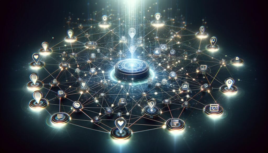 Visual depiction of Off-Page SEO as an expansive web of interconnected nodes emanating from a central website, each node symbolizing elements like backlinks, social media, and influencer engagement, connected by glowing lines in a digital space, representing the extension of influence beyond one's own website.