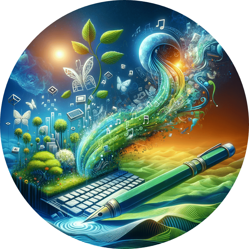 Imaginative illustration depicting the essence of Vital Growth Digital Marketing's content creation services. The image shows a vibrant, digitally-stylized landscape where elements like a keyboard transform into a flourishing garden and a pen emits digital waves, all set against a backdrop featuring the brand's blue and green colors. This artwork symbolizes the fusion of digital communication, creative storytelling, and professional innovation in content creation.