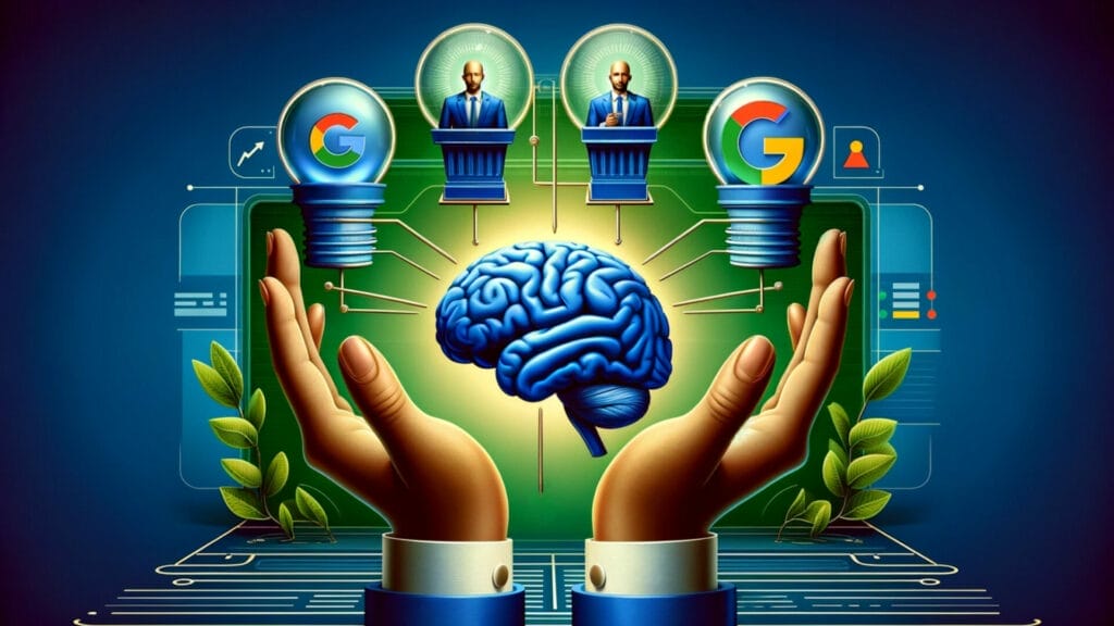 Graphic interpretation of Google E-E-A-T in the context of Vital Growth Digital Marketing, featuring interconnected symbols for Expertise (brain), Authoritativeness (podium), Trustworthiness (open hands), and Experience (open book), colored in blue and green. The scene resonates with strategic innovation, efficiency, and data-driven decision-making, reflecting the brand's dedication to client-centric solutions and growth-focused strategies in digital marketing.