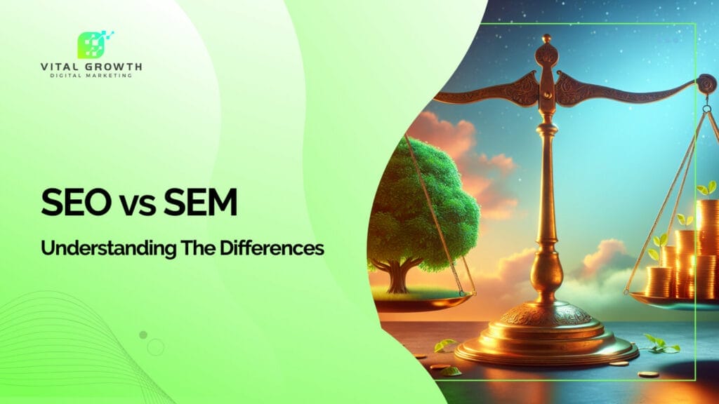 Digital marketing infographic with a balance scale, one side has a tree symbolizing SEO, the other has coins for SEM, titled 'SEO vs SEM: Understanding The Differences'